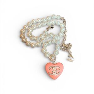Upcycled Gold Pearl Necklace with Pink Heart Pendant
